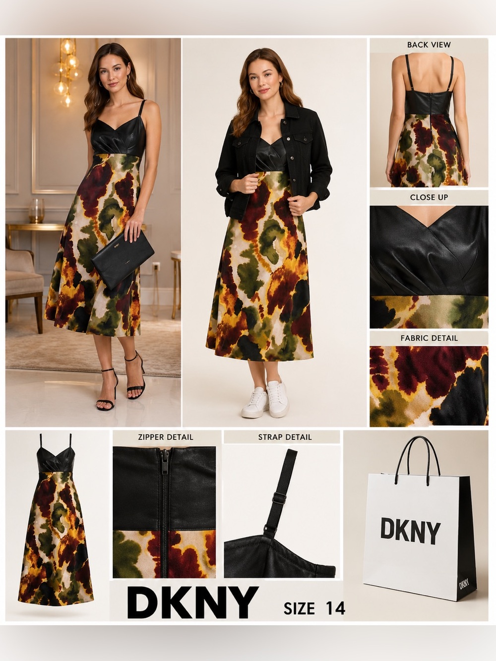 DKNY Black Bodice Olive & Rust Watercolor Midi Skirt